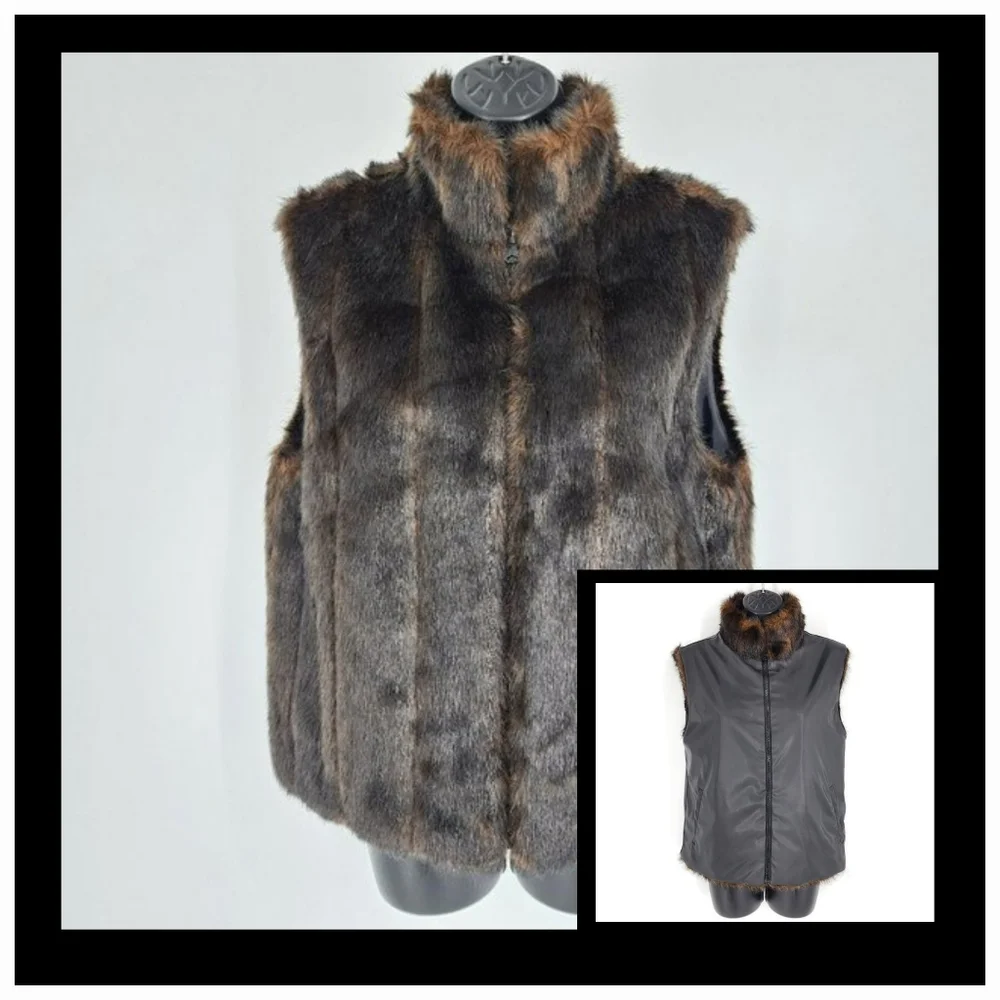 Giacca Vest Faux Fur Reversible S Chocolate Brown Black Dual Pockets Warm Cozy